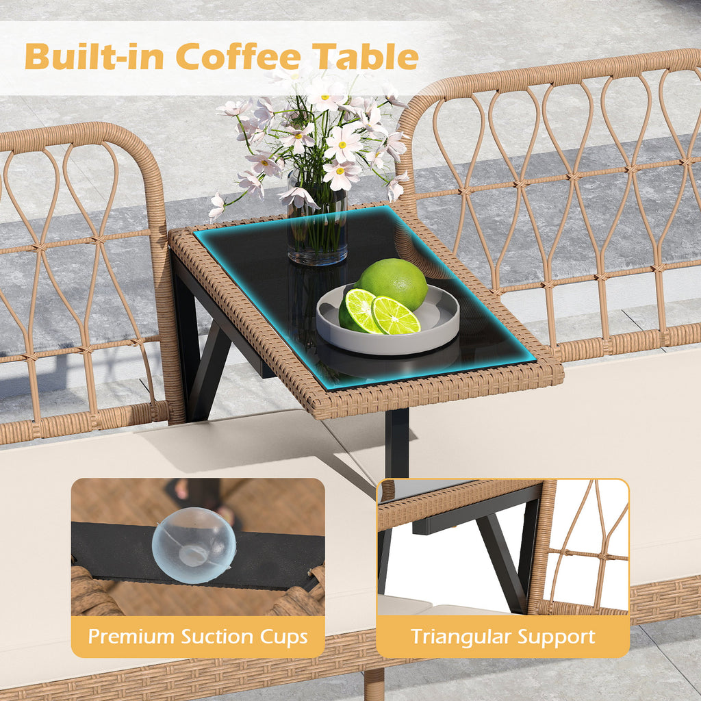 2-Seat PE Rattan Outdoor Loveseat with Built-in Coffee Table and Soft Cushions-White