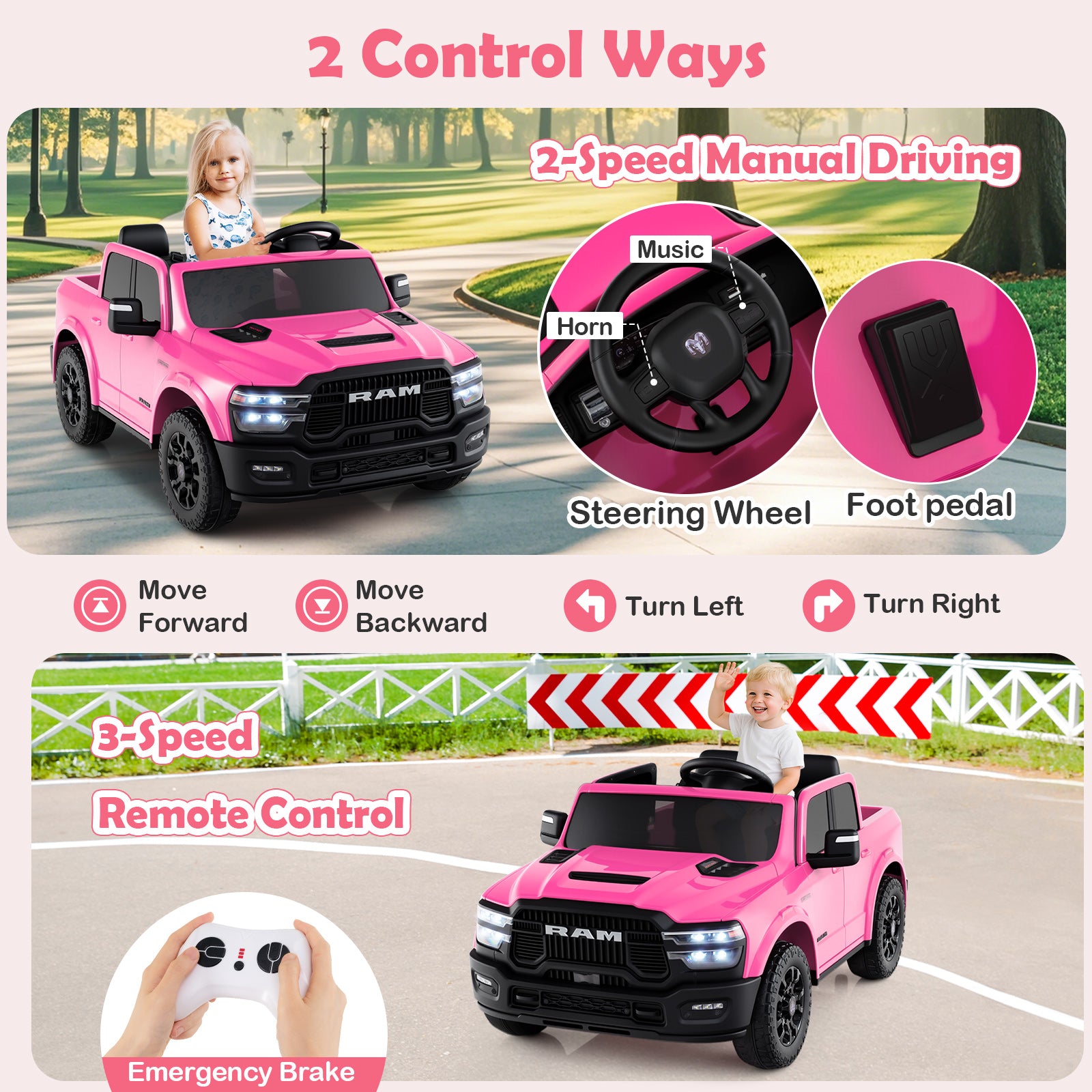 2 Seater 24V Ride on Toy for Big Kids Licensed Ram Truck with Remote and Music-Pink