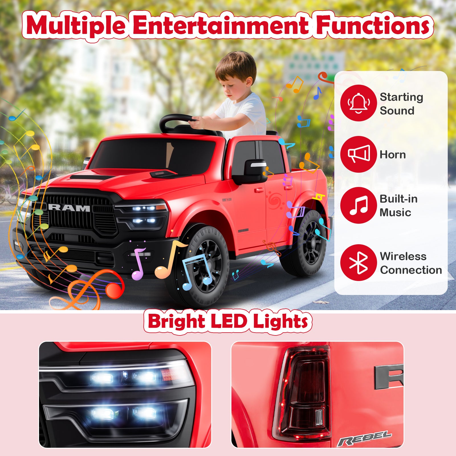 2 Seater 24V Ride on Toy for Big Kids Licensed Ram Truck with Remote and Music-Red