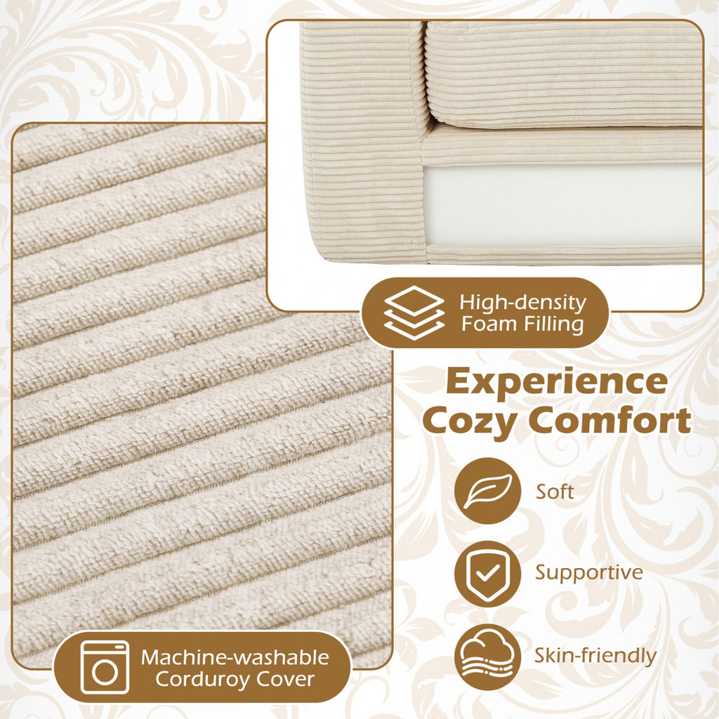 2-Seater Floor Couch Loveseat Foam Sofa with Removable Corduroy Cover-Beige