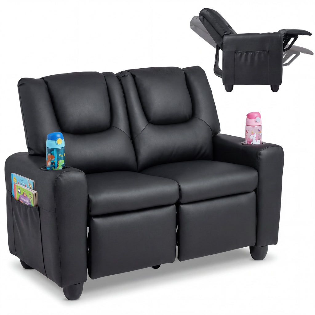 2-Seater Kids Recliner Double Toddler Sofa Chair with 2 Cup Holders-Black