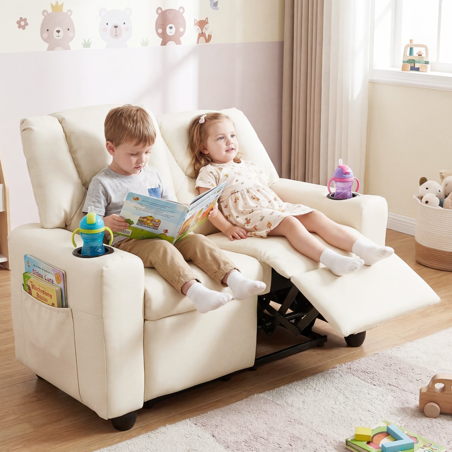 2-Seater Kids Recliner Double Toddler Sofa Chair with 2 Cup Holders-Beige
