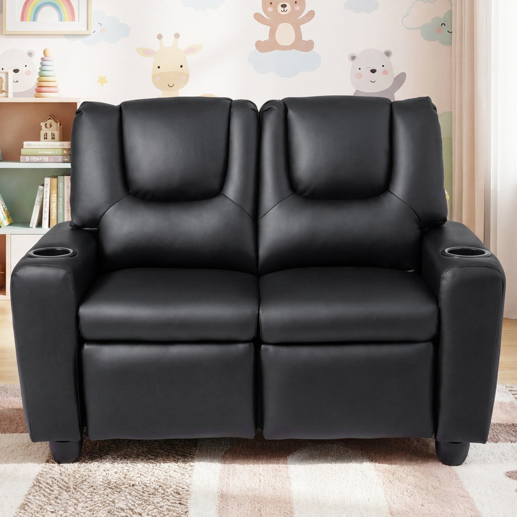 2-Seater Kids Recliner Double Toddler Sofa Chair with 2 Cup Holders-Black