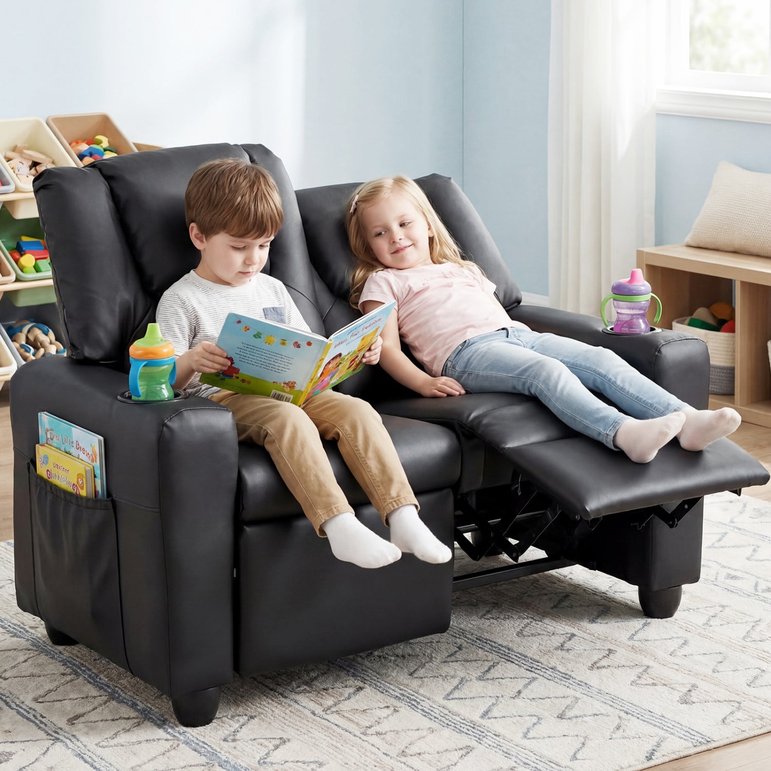 2-Seater Kids Recliner Double Toddler Sofa Chair with 2 Cup Holders-Black