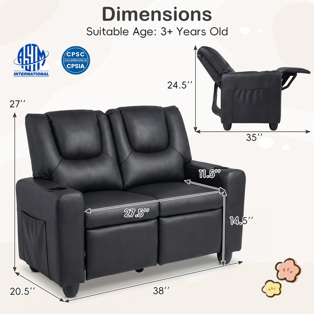 2-Seater Kids Recliner Double Toddler Sofa Chair with 2 Cup Holders-Black