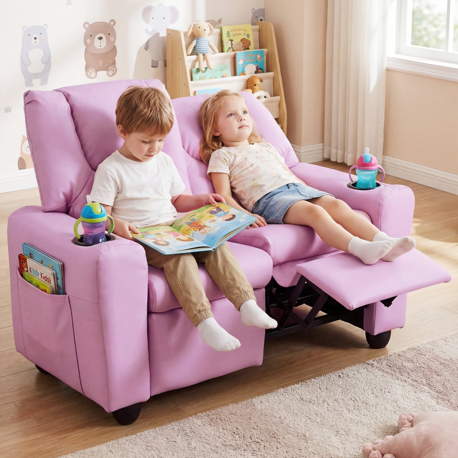 2-Seater Kids Recliner Double Toddler Sofa Chair with 2 Cup Holders-Pink