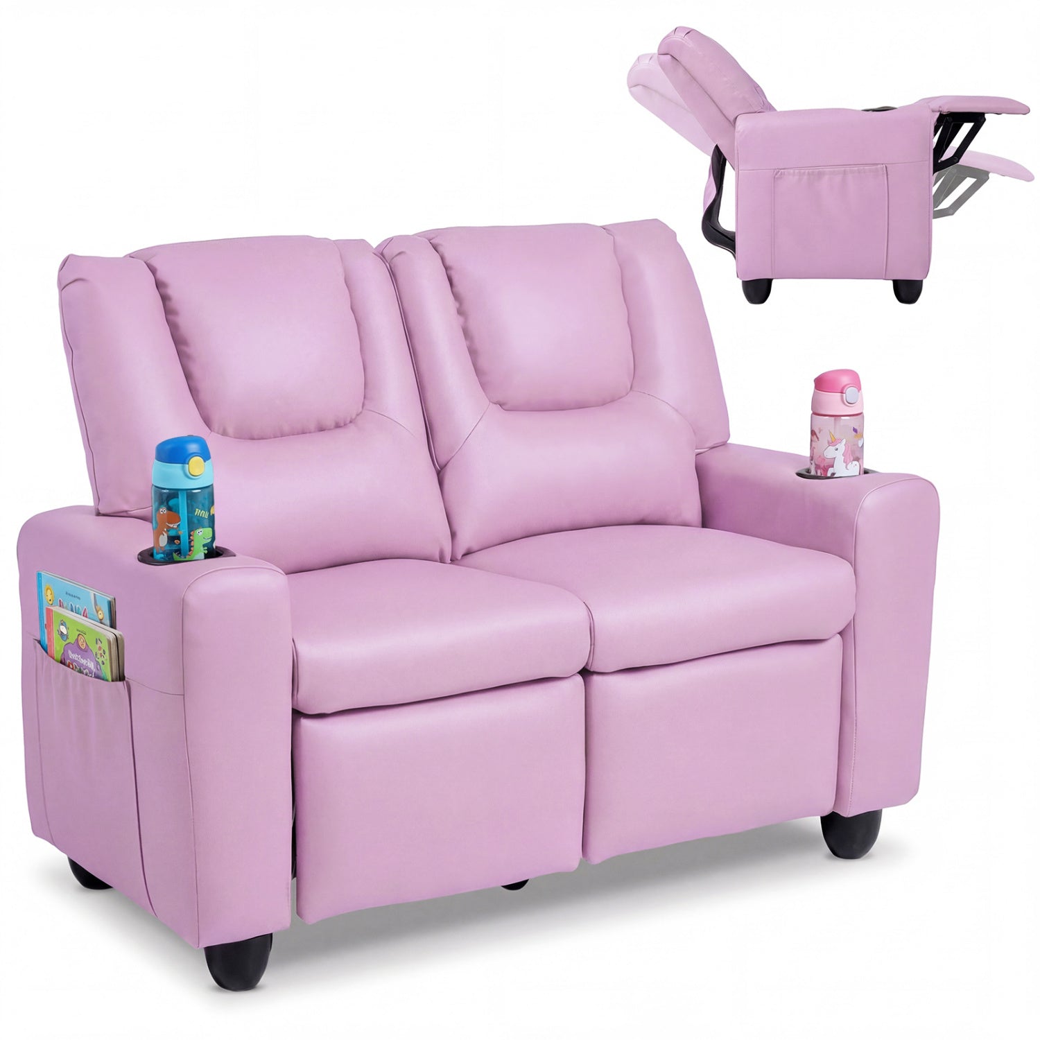 2-Seater Kids Recliner Double Toddler Sofa Chair with 2 Cup Holders-Pink