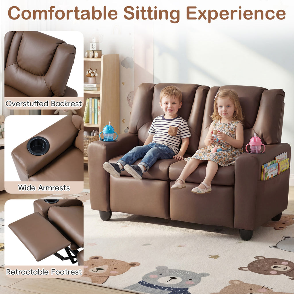 2-Seater Kids Recliner Double Toddler Sofa Chair with 2 Cup Holders-Brown