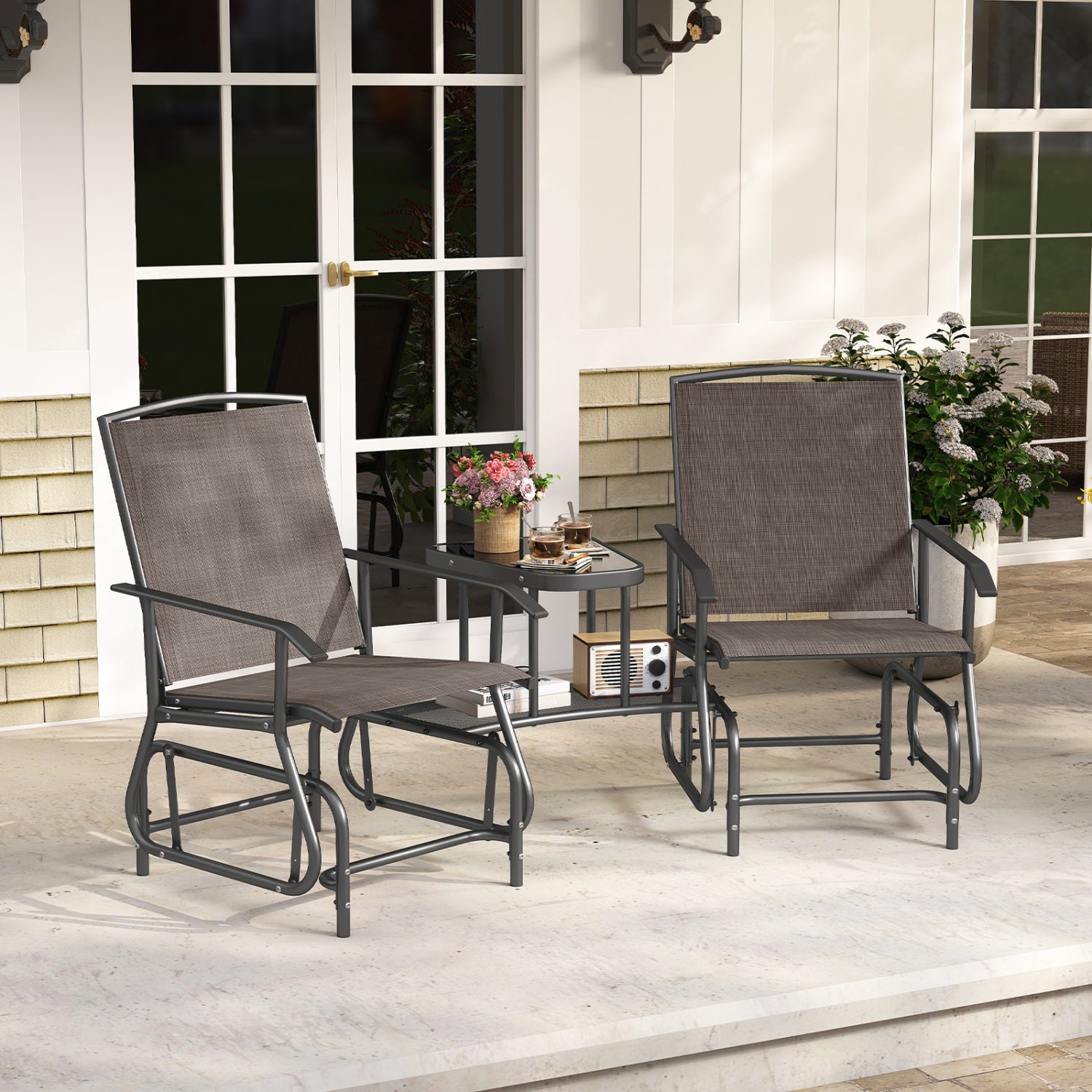 2-Seater Outdoor Glider Bench with 2-Tier Center Table-Brown