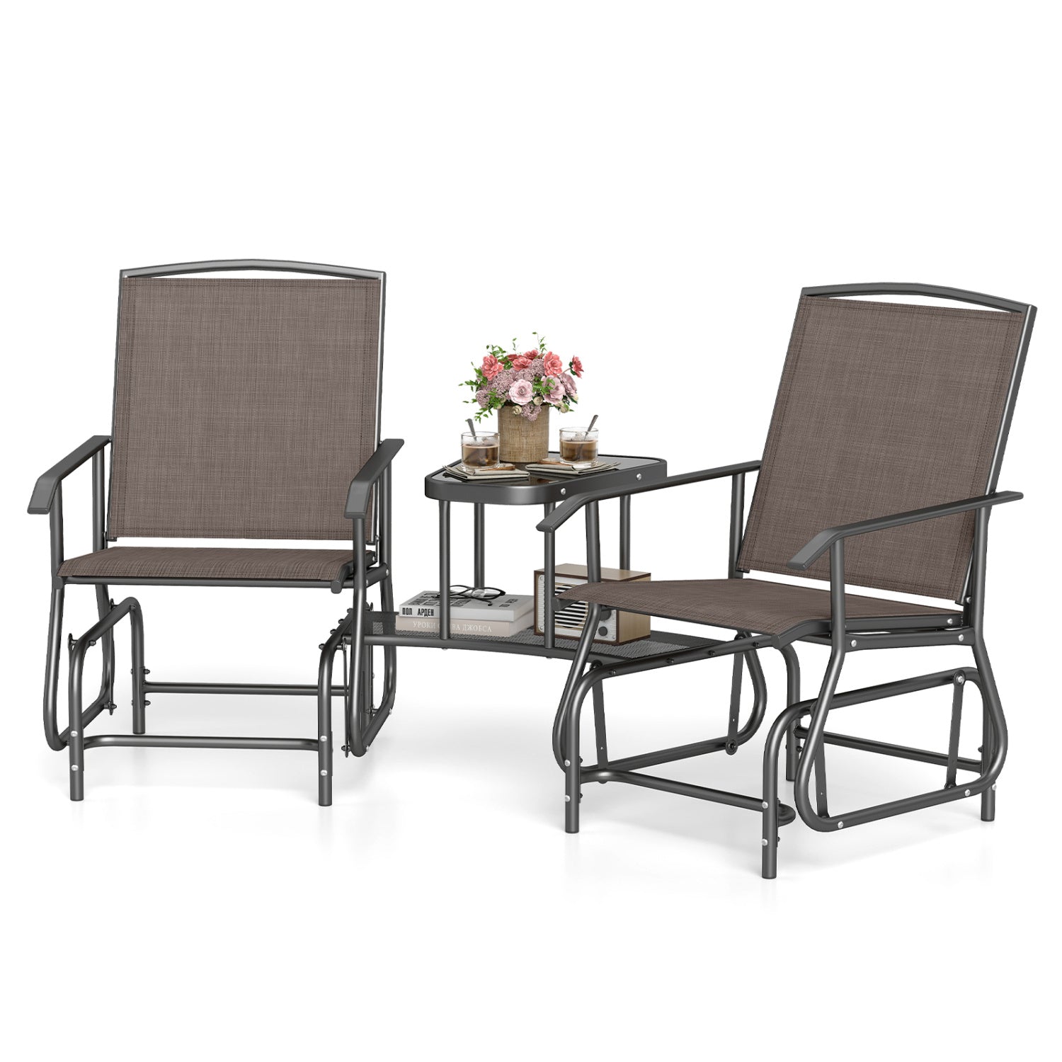 2-Seater Outdoor Glider Bench with 2-Tier Center Table-Brown