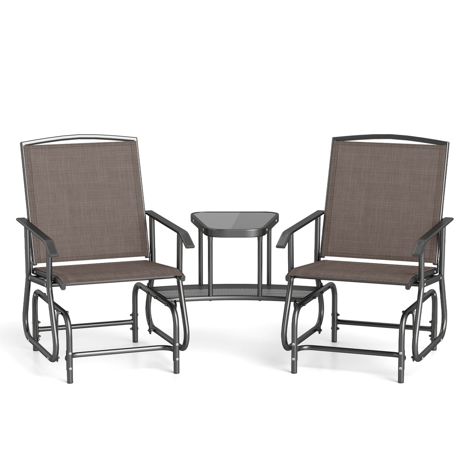 2-Seater Outdoor Glider Bench with 2-Tier Center Table-Brown