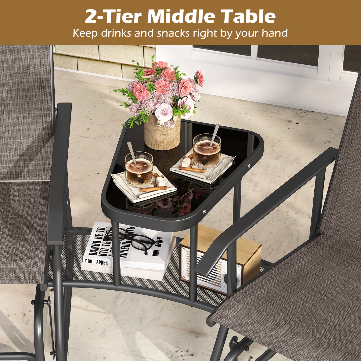 2-Seater Outdoor Glider Bench with 2-Tier Center Table-Brown