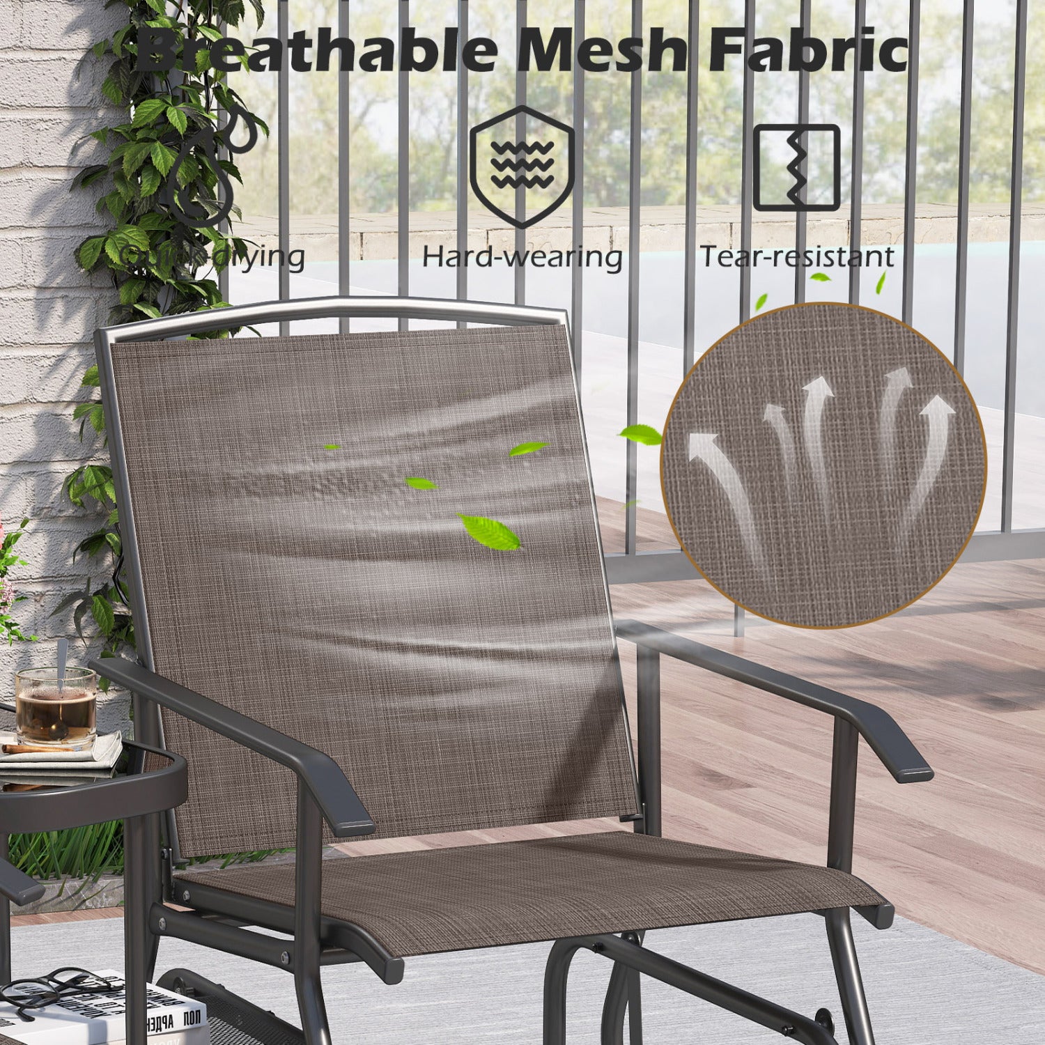 2-Seater Outdoor Glider Bench with 2-Tier Center Table-Brown
