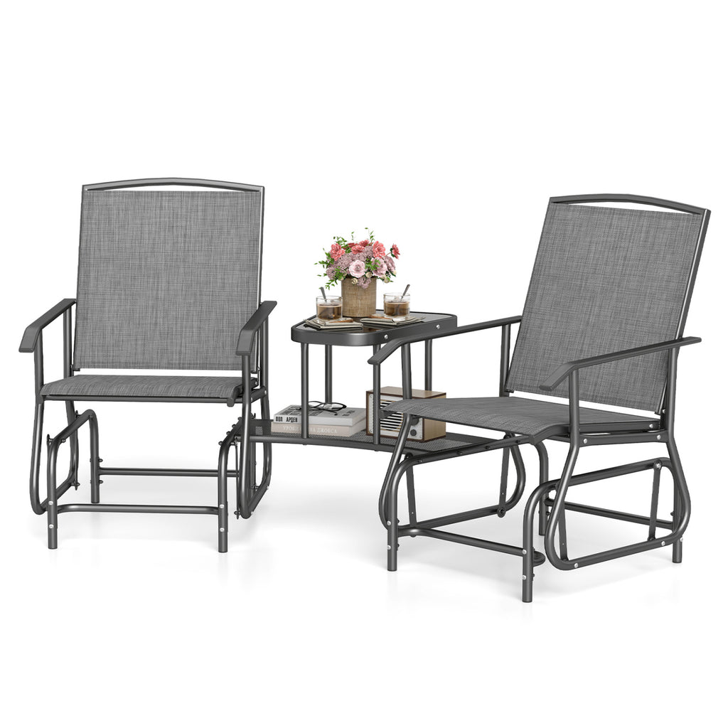 2-Seater Outdoor Glider Bench with 2-Tier Center Table-Gray