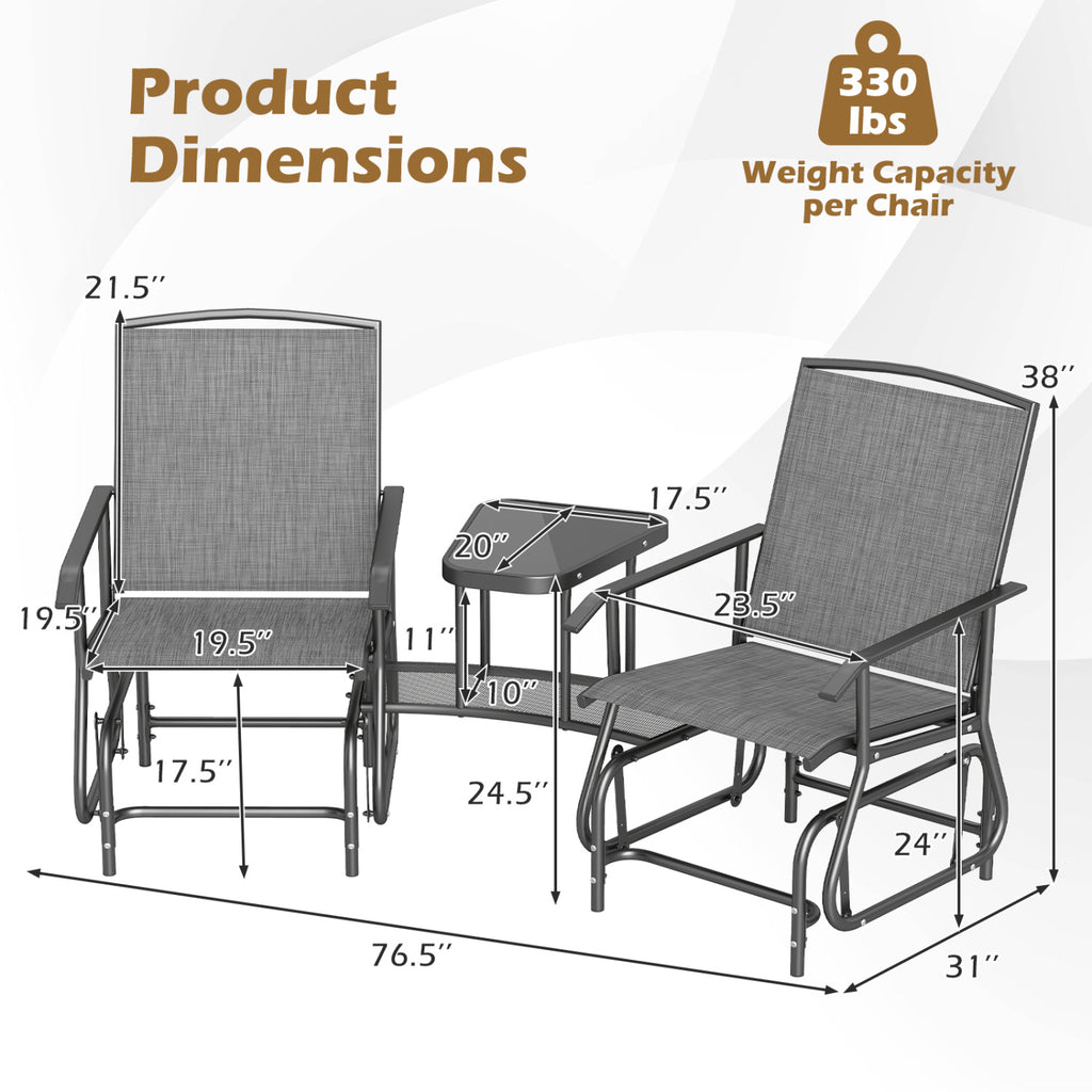 2-Seater Outdoor Glider Bench with 2-Tier Center Table-Gray