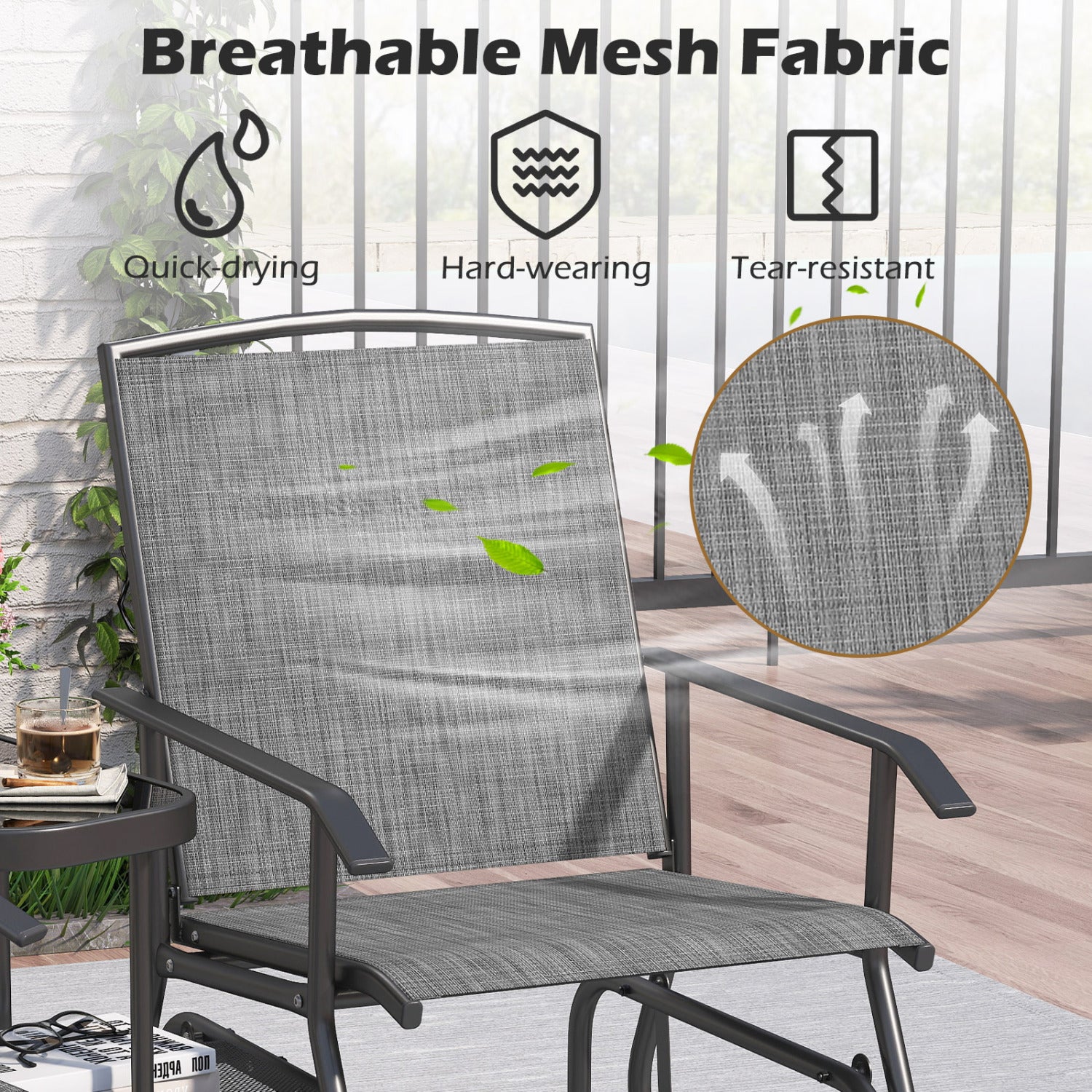 2-Seater Outdoor Glider Bench with 2-Tier Center Table-Gray