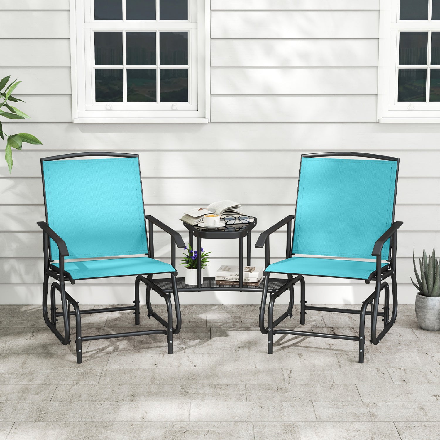 2-Seater Outdoor Glider Bench with 2-Tier Center Table-Turquoise