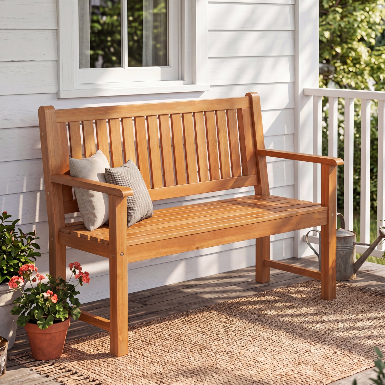 2-Seater Outdoor Wooden Bench with Backrest and Armrests-Natural