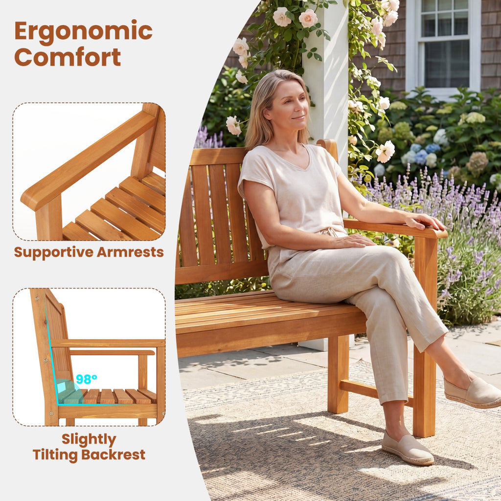 2-Seater Outdoor Wooden Bench with Backrest and Armrests-Natural