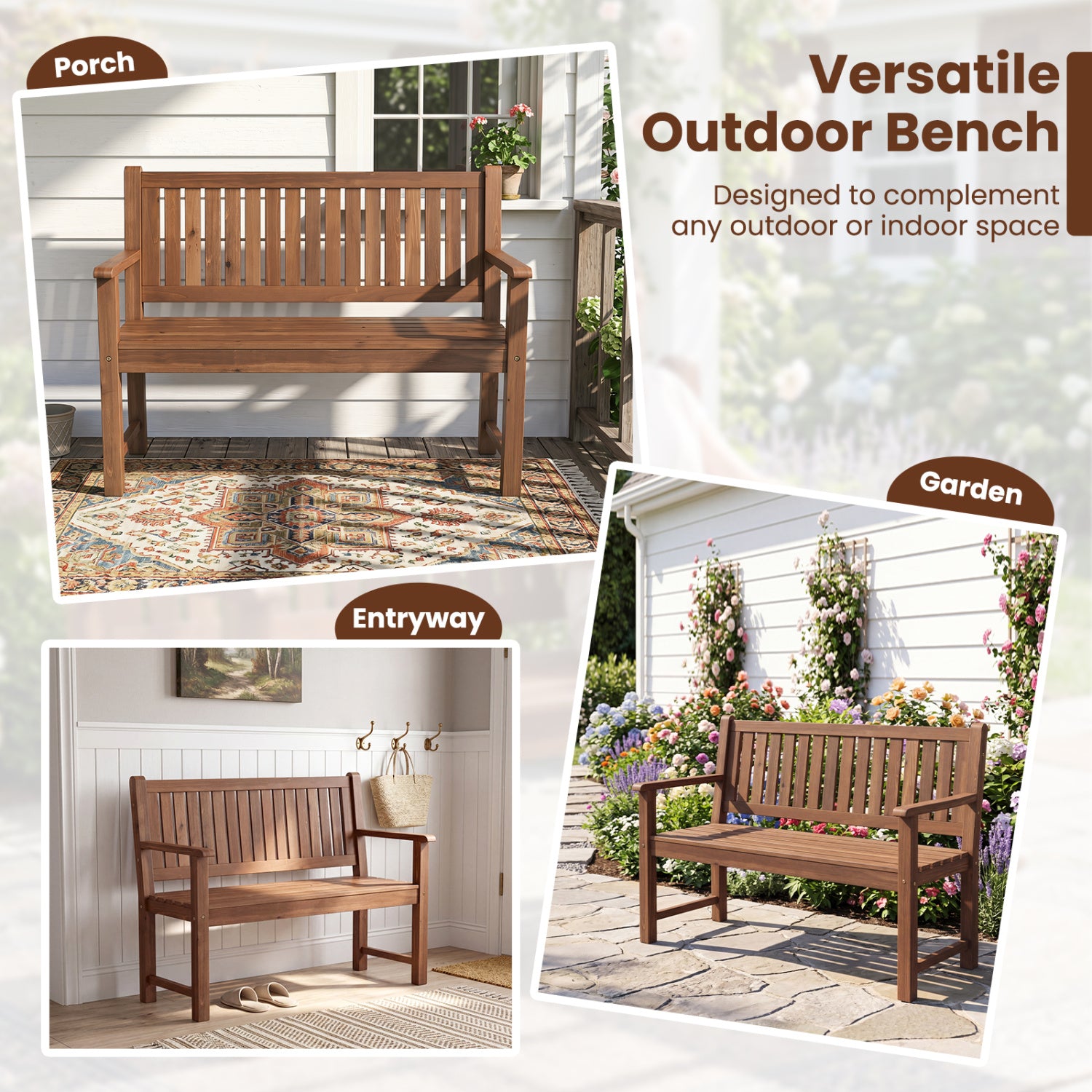 2-Seater Outdoor Wooden Bench with Backrest and Armrests-Brown