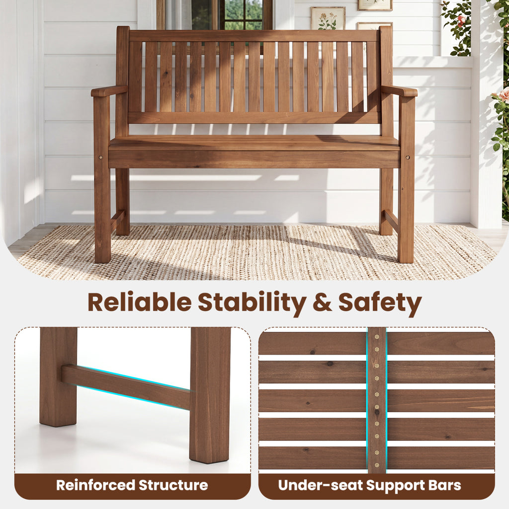 2-Seater Outdoor Wooden Bench with Backrest and Armrests-Brown
