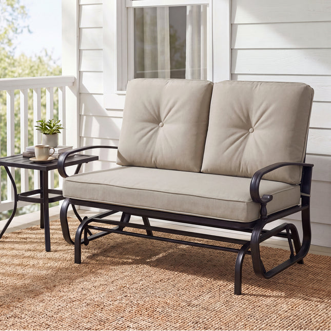 2 Seats Outdoor Swing Glider Chair with Comfortable Cushions-Beige