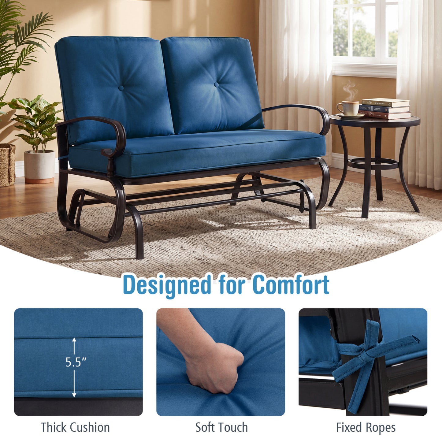 2 Seats Outdoor Swing Glider Chair with Cushions-Navy