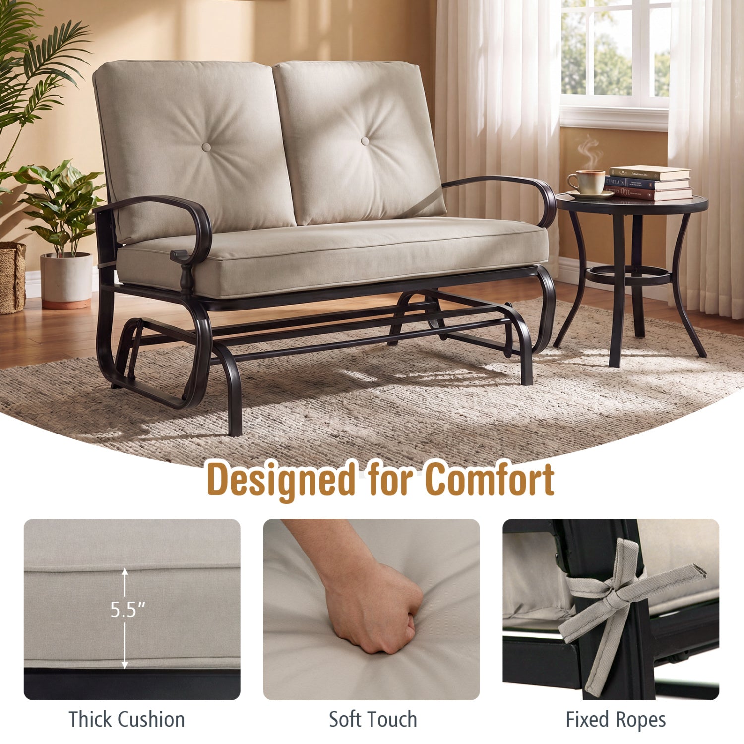 Fauteuil balançoire à bascule 2 places d'extérieur avec coussins confortables - Beige