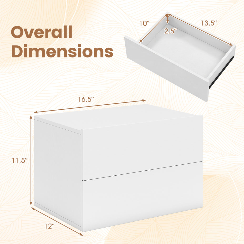 2 Storage Drawers Wall Mounted Floating Nightstand for Bedroom-White