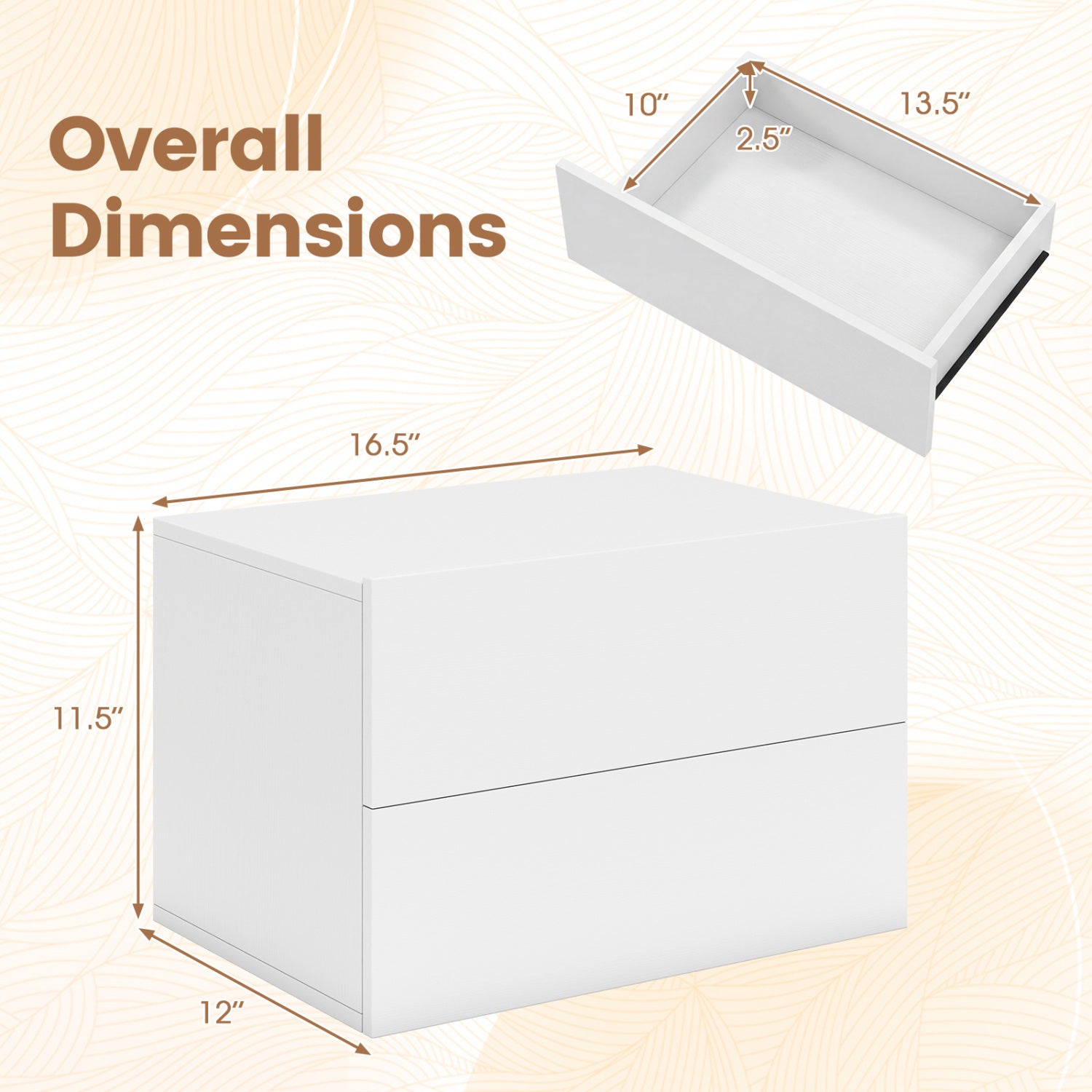 2 Storage Drawers Wall Mounted Floating Nightstand for Bedroom-White