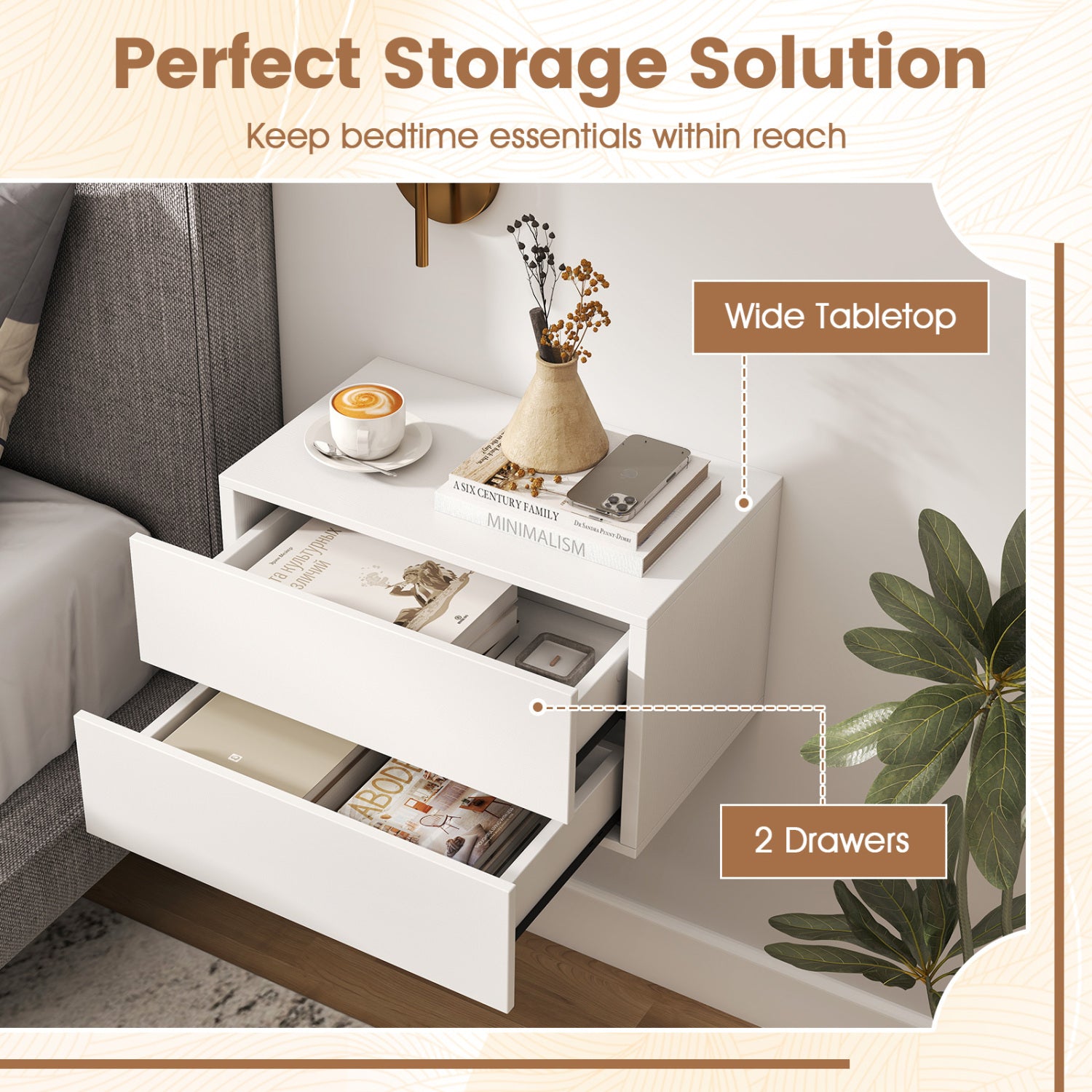 2 Storage Drawers Wall Mounted Floating Nightstand for Bedroom-White