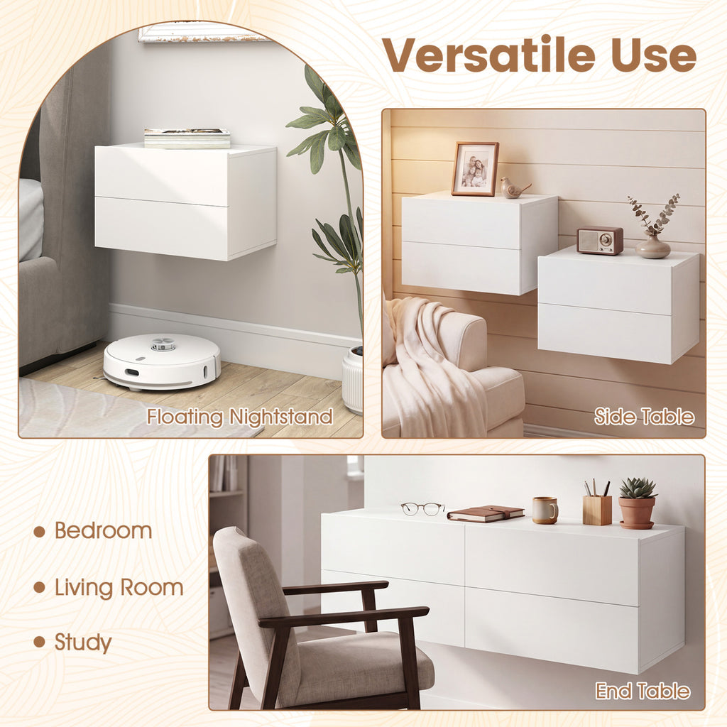 2 Storage Drawers Wall Mounted Floating Nightstand for Bedroom-White