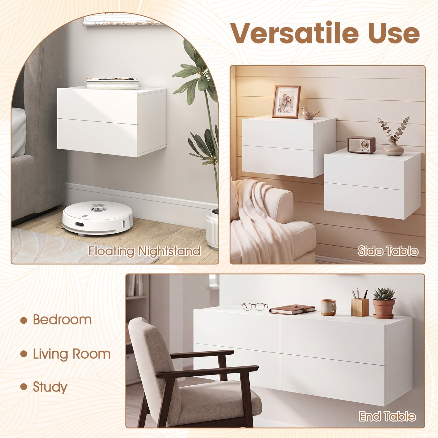 2 Storage Drawers Wall Mounted Floating Nightstand for Bedroom-White