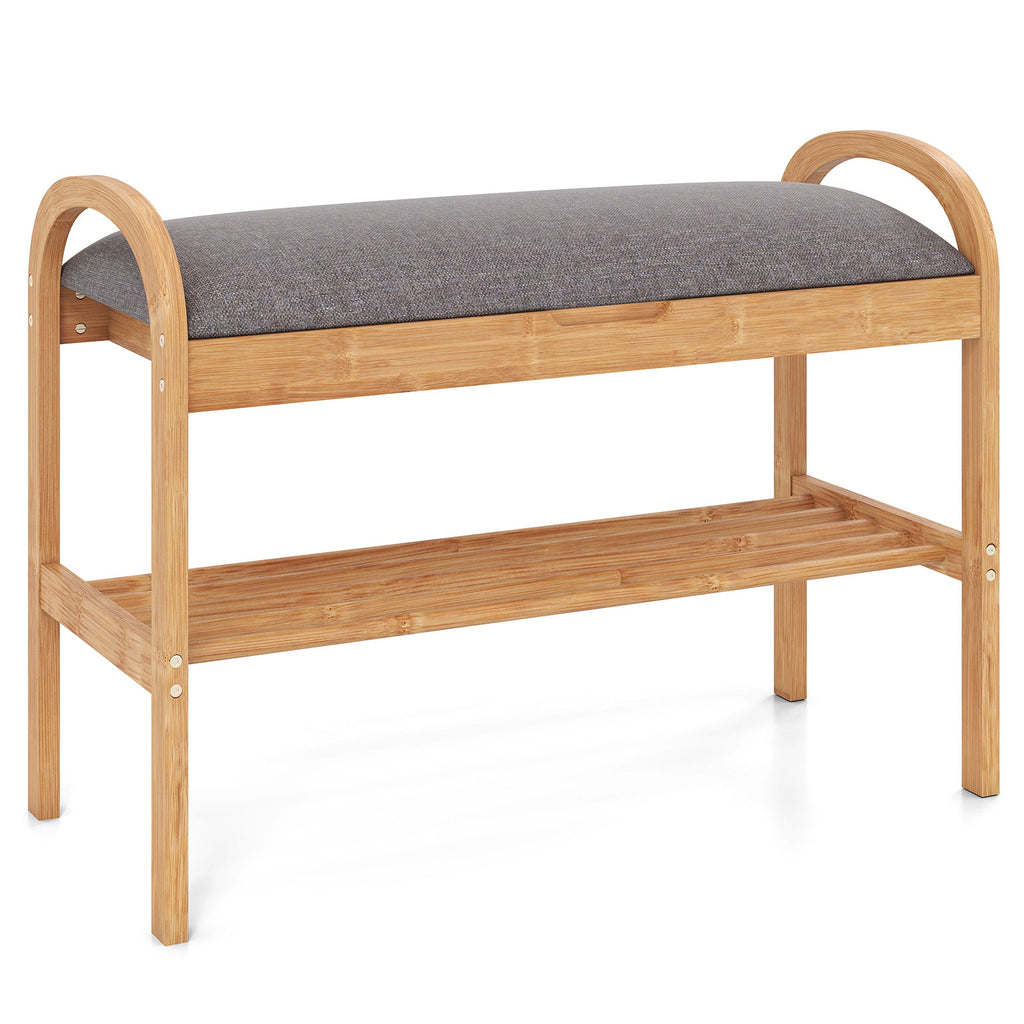 Banc à chaussures 2 niveaux en bambou avec rangement et coussin rembourré – Gris