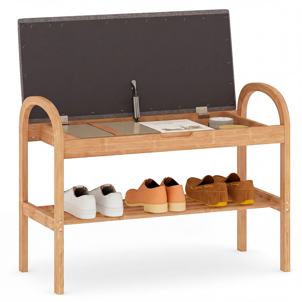 Banc à chaussures 2 niveaux en bambou avec rangement et coussin rembourré – Gris