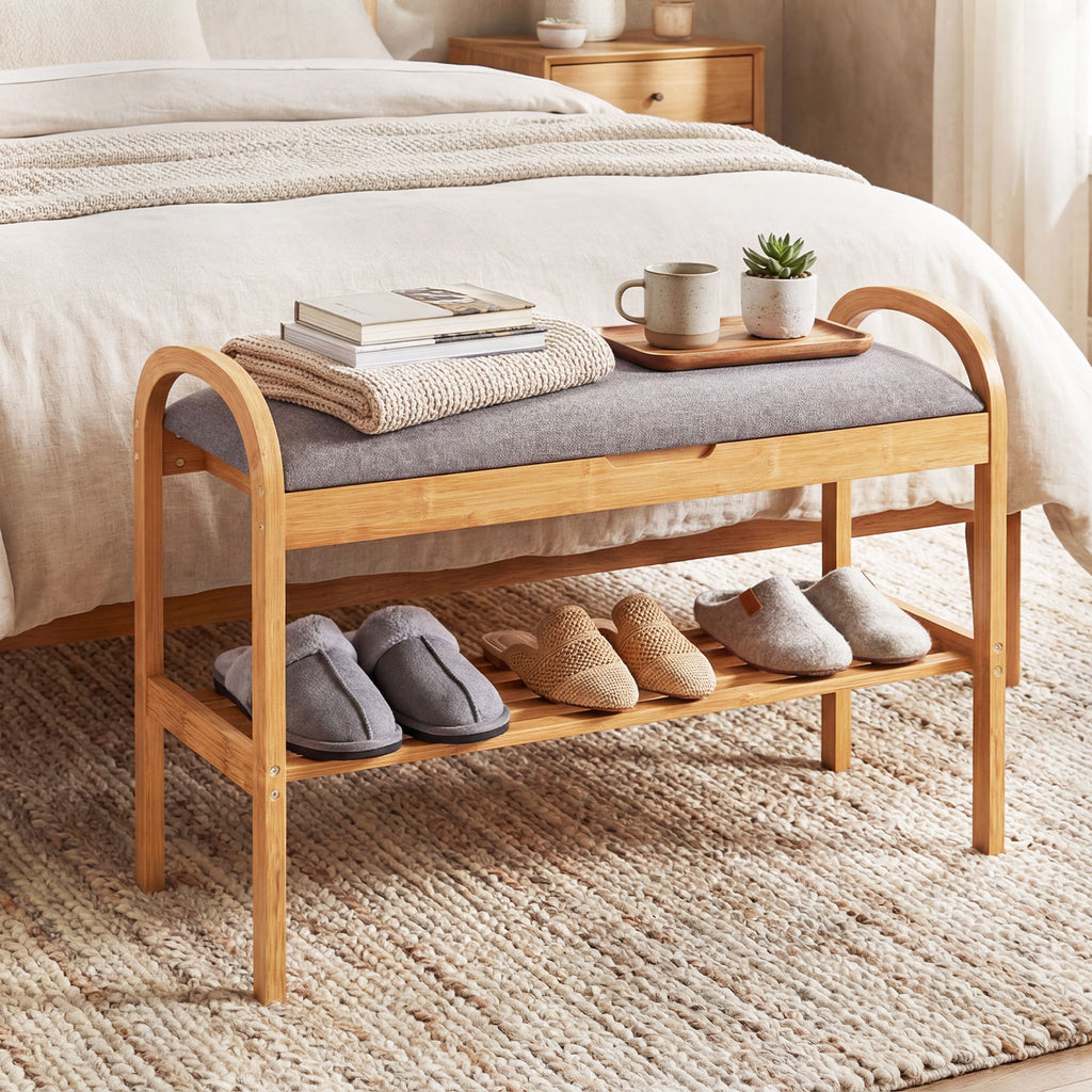 Banc à chaussures 2 niveaux en bambou avec rangement et coussin rembourré – Gris