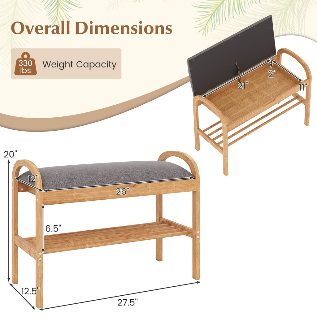 Banc à chaussures 2 niveaux en bambou avec rangement et coussin rembourré – Gris