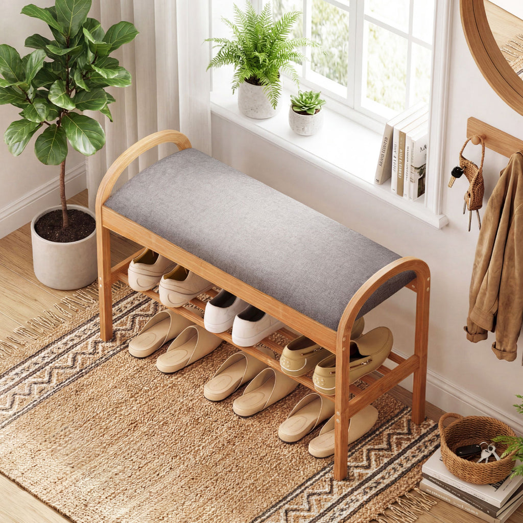 Banc à chaussures 2 niveaux en bambou avec coussin rembourré et étagère - Gris