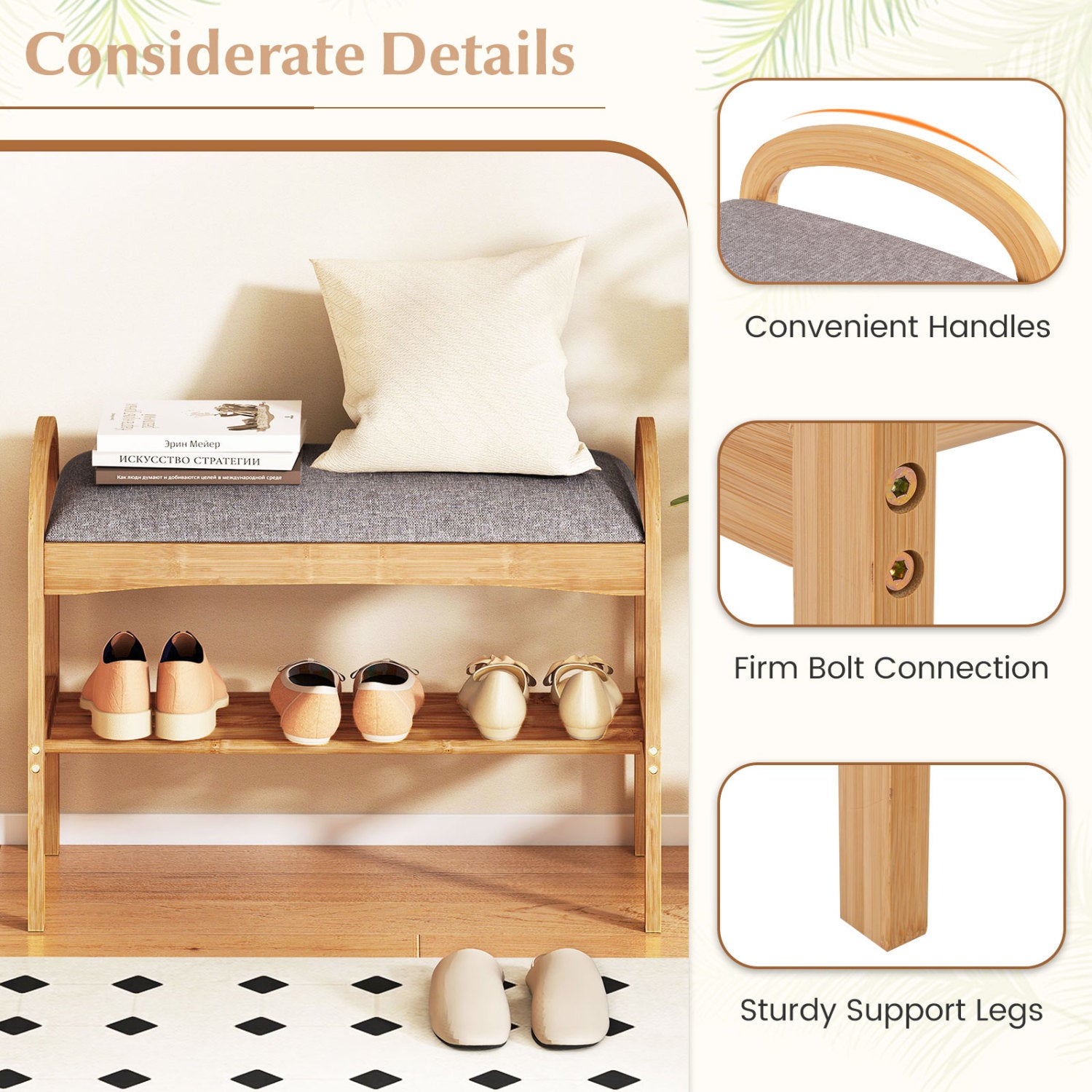 Banc à chaussures 2 niveaux en bambou avec coussin rembourré et étagère - Gris