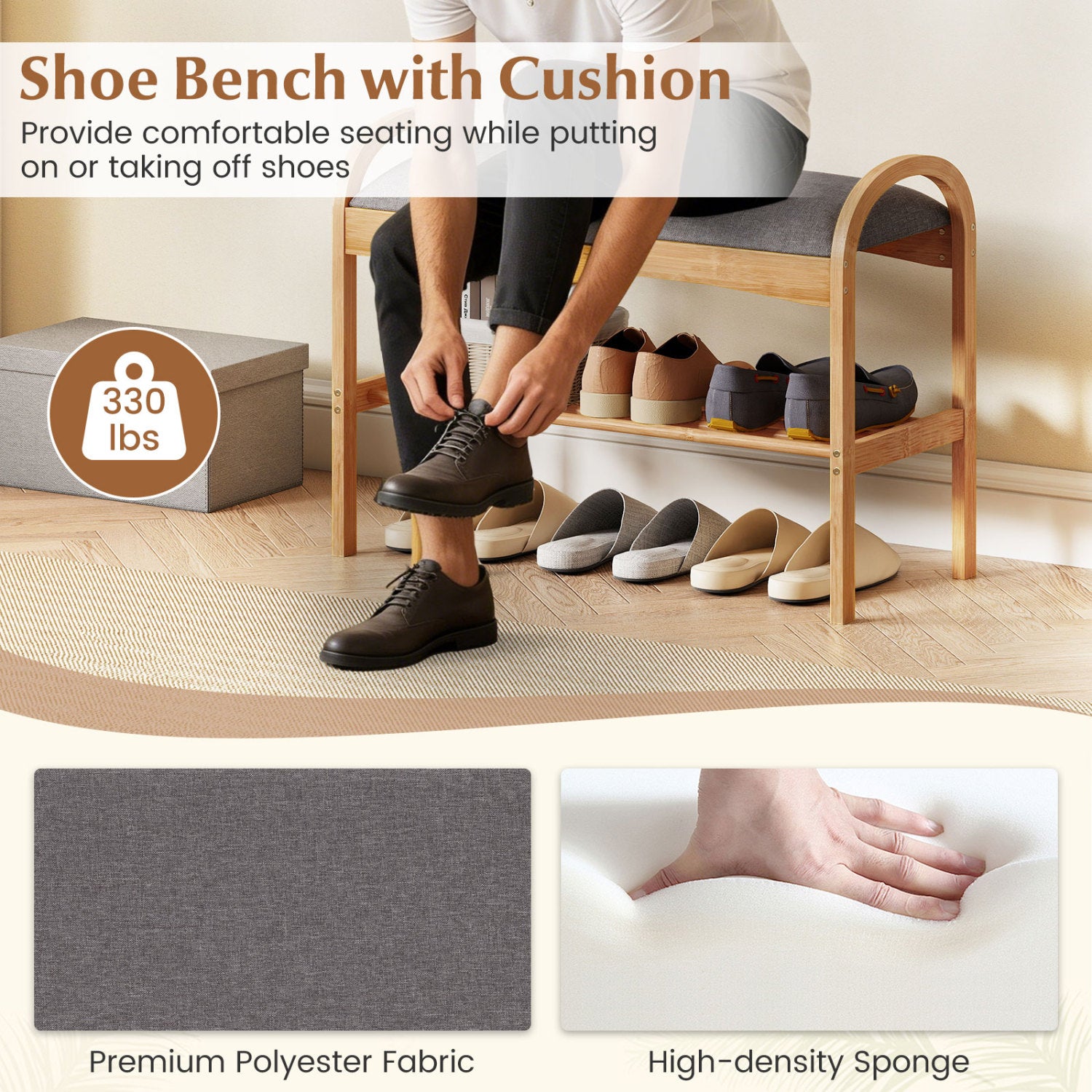 Banc à chaussures 2 niveaux en bambou avec coussin rembourré et étagère - Gris
