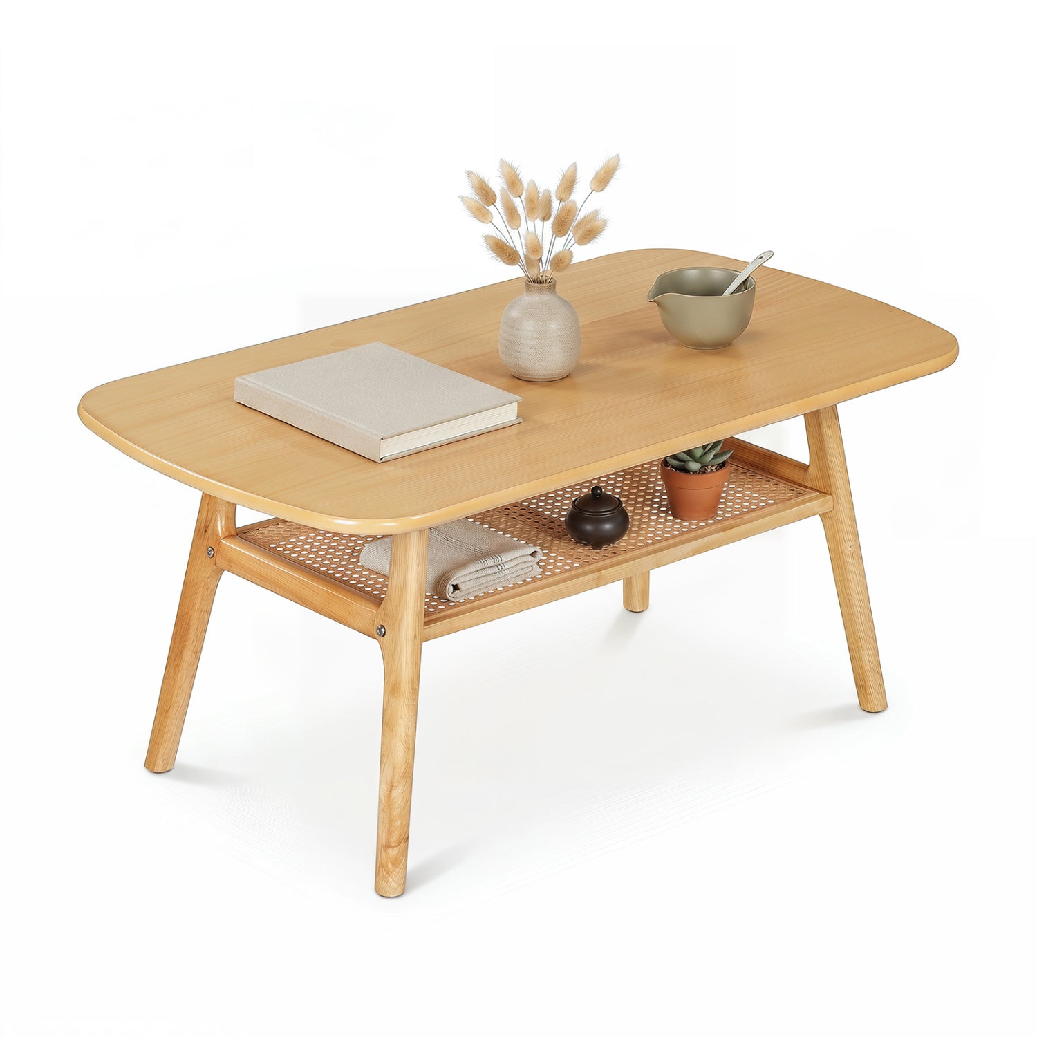 2-Tier Boho Rattan Coffee Table with Rounded Corners-Natural