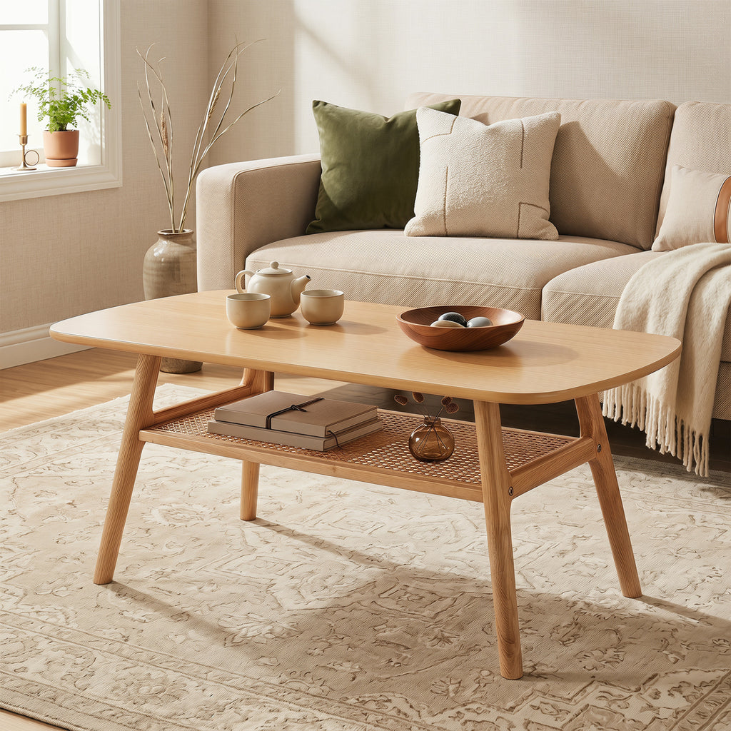 2-Tier Boho Rattan Coffee Table with Rounded Corners-Natural