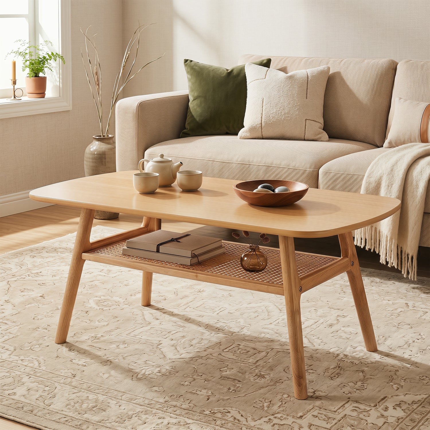 2-Tier Boho Rattan Coffee Table with Rounded Corners-Natural