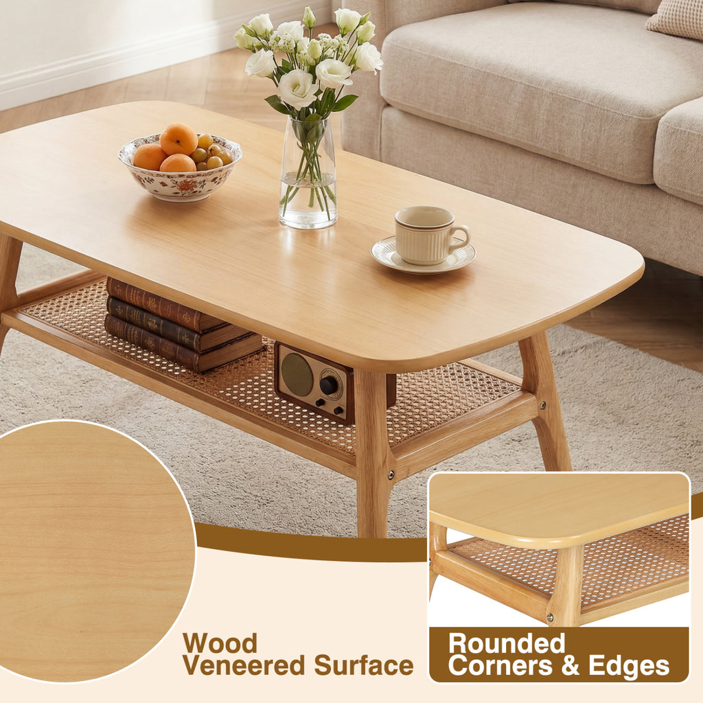 2-Tier Boho Rattan Coffee Table with Rounded Corners-Natural