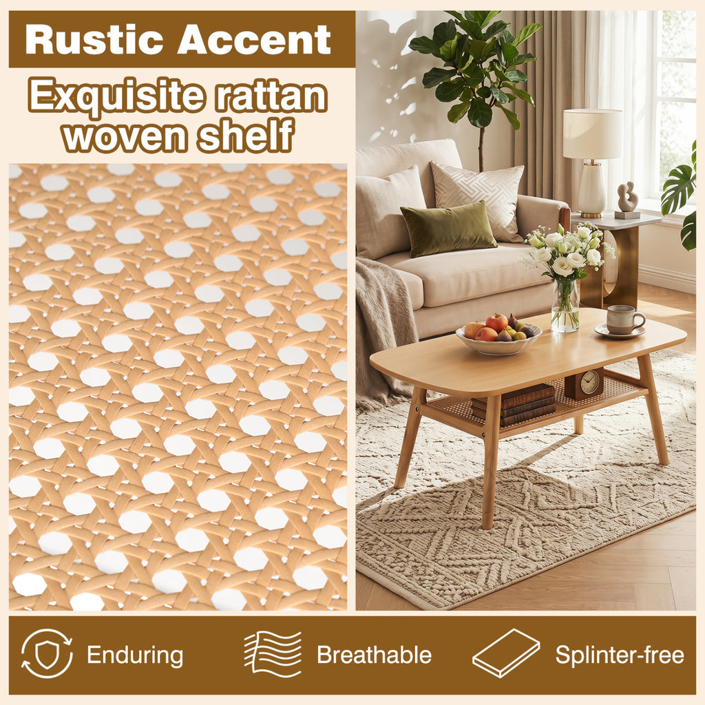 2-Tier Boho Rattan Coffee Table with Rounded Corners-Natural