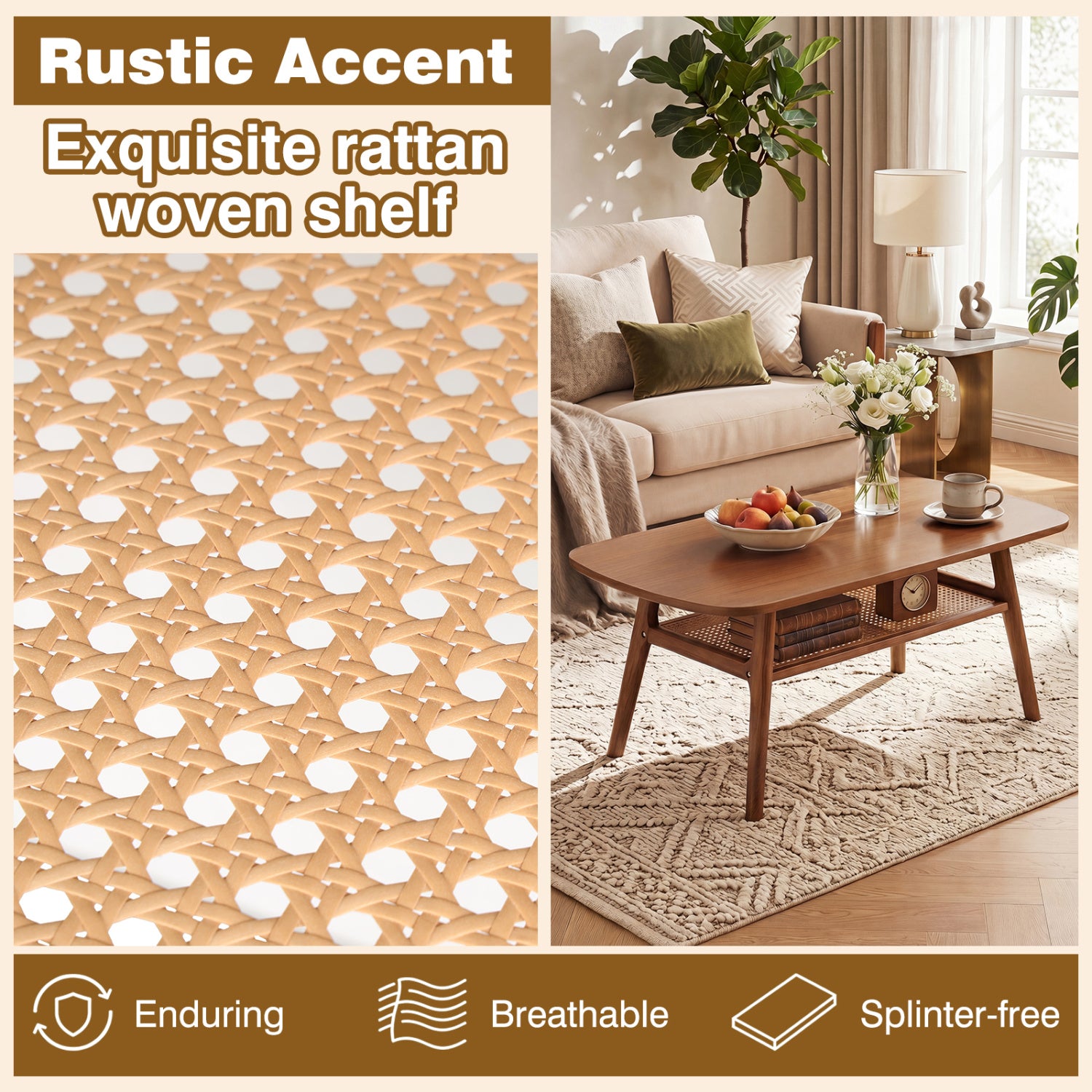 2-Tier Boho Rattan Coffee Table with Rounded Corners-Walnut