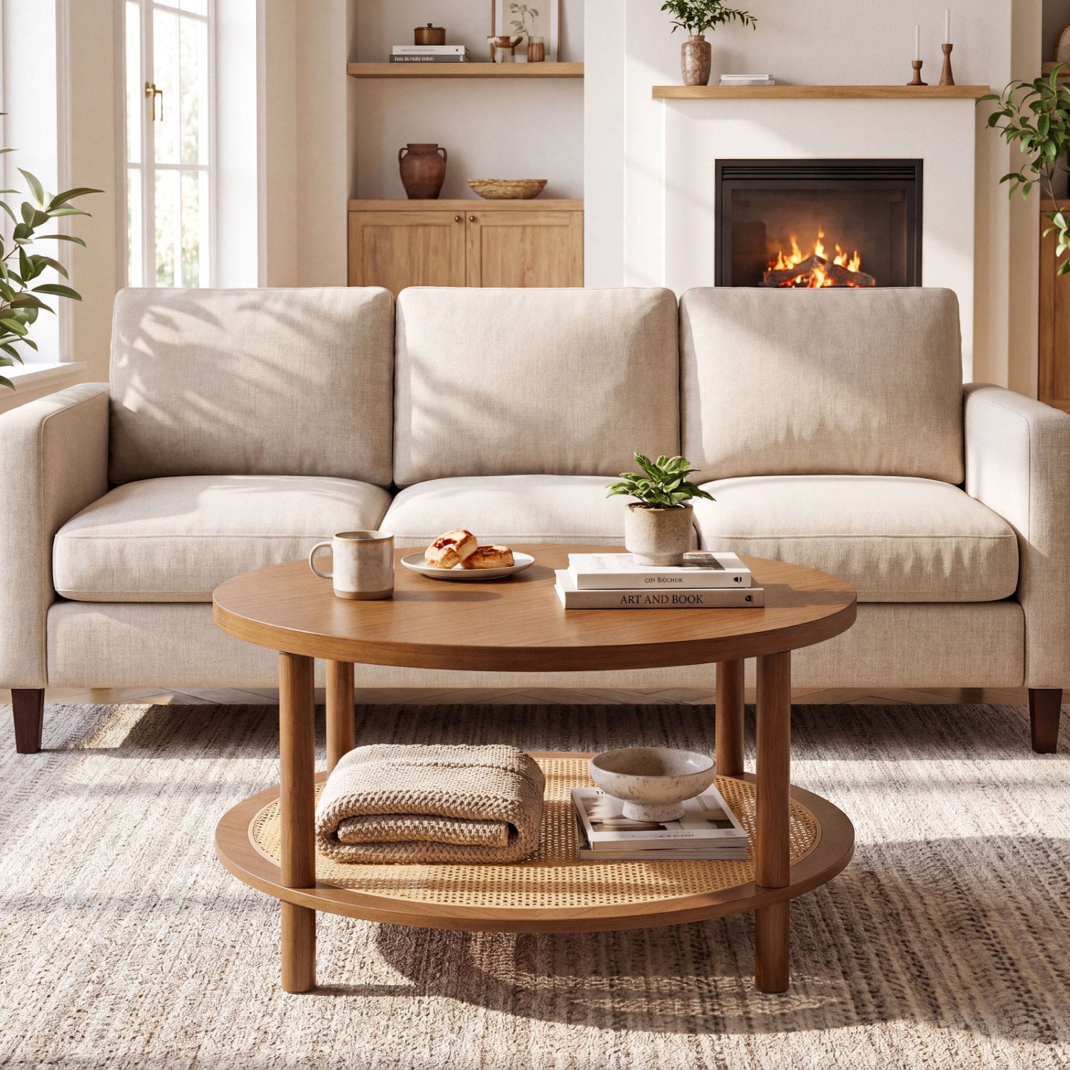 2-Tier Boho Round Rattan Coffee Table with Storage Shelf-Walnut