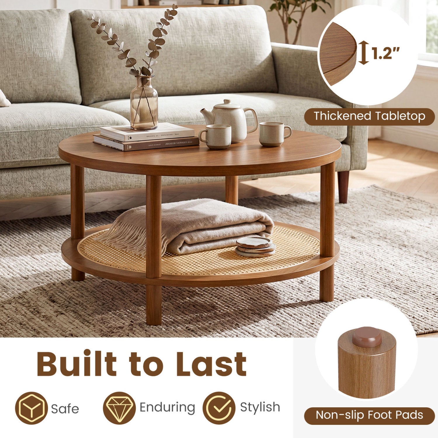 2-Tier Boho Round Rattan Coffee Table with Storage Shelf-Walnut
