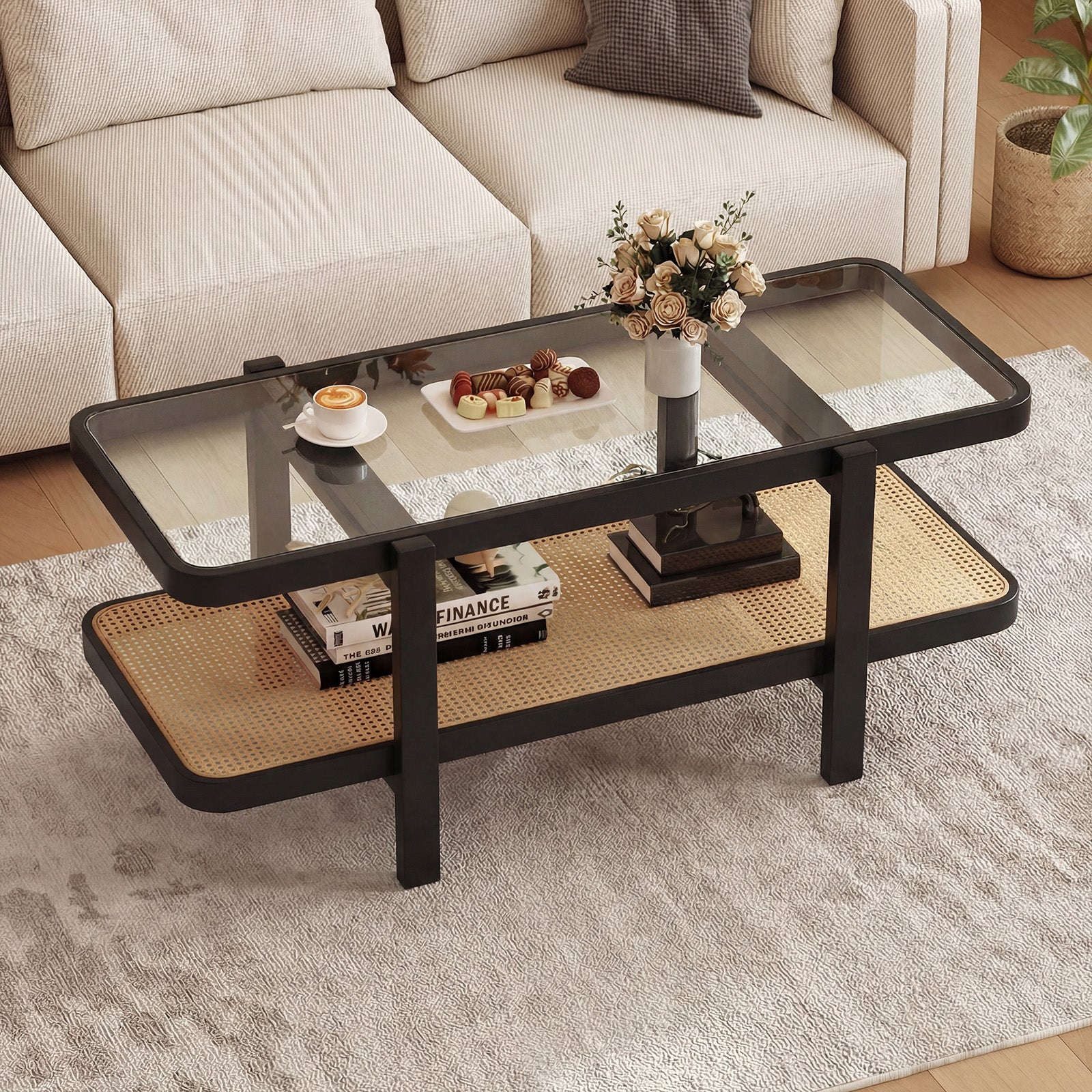 2-Tier Coffee Table with Storage and Tempered Glass Tabletop-Black