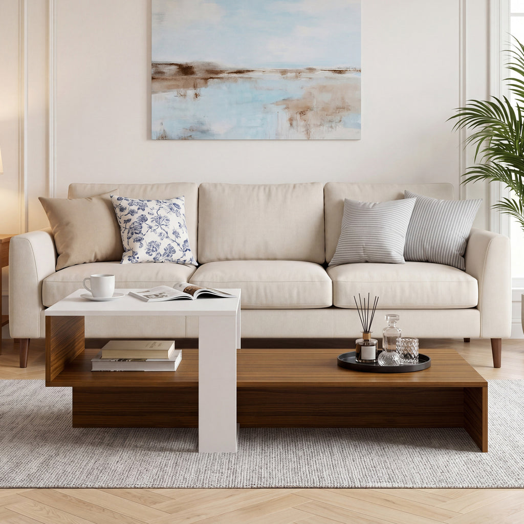 2-Tier Coffee Table Modern Irregular Center Table with Open Storage Shelf-White & Brown